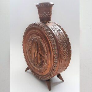 VTG Hand Carved Wooden Flask Canteen Bottle Decanter Rare